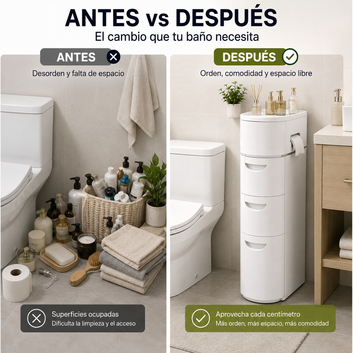 Antes y después: baño desordenado vs. baño organizado con el mueble angosto Delta Slim