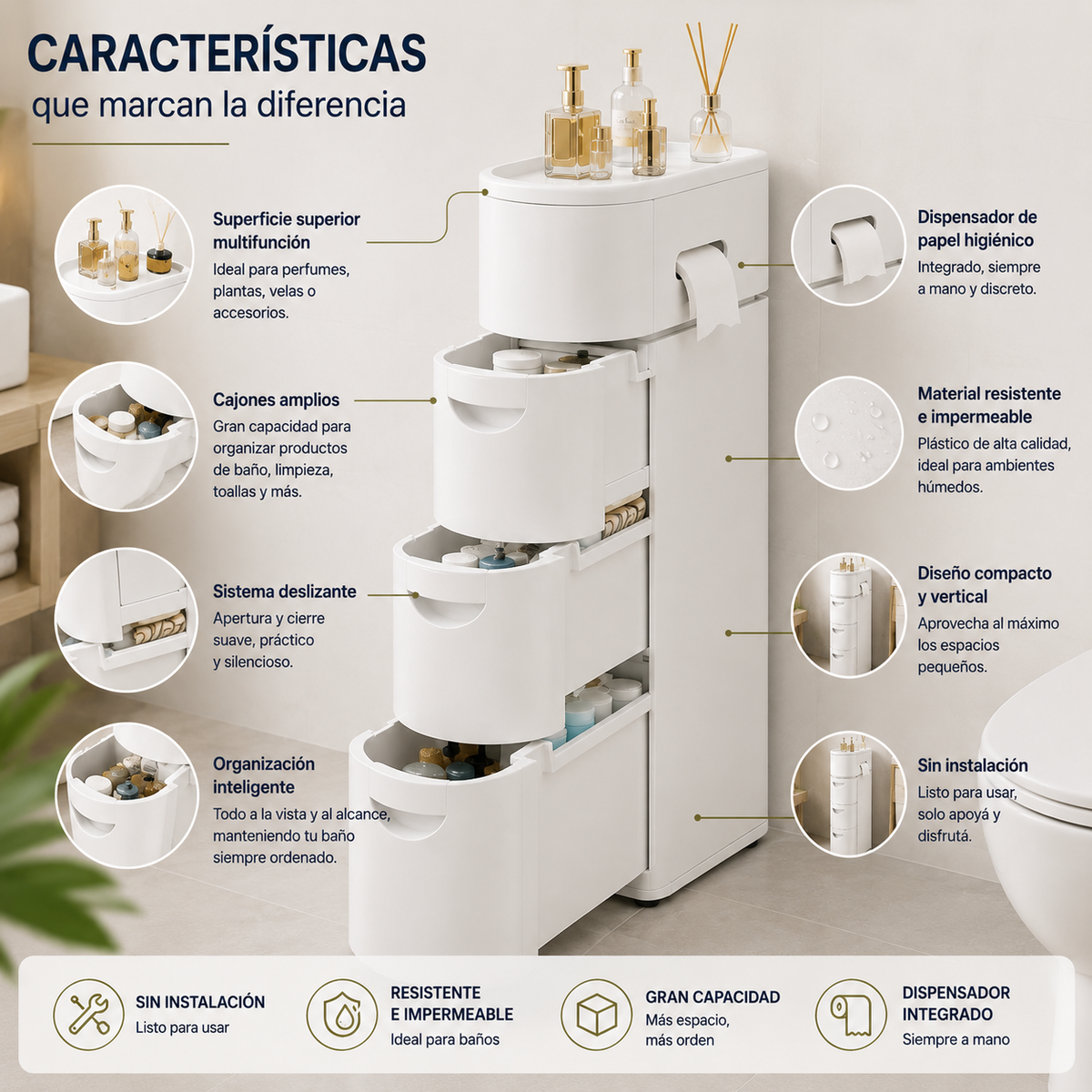 Características del Delta Slim: superficie superior, dispensador de papel, cajones amplios y ruedas