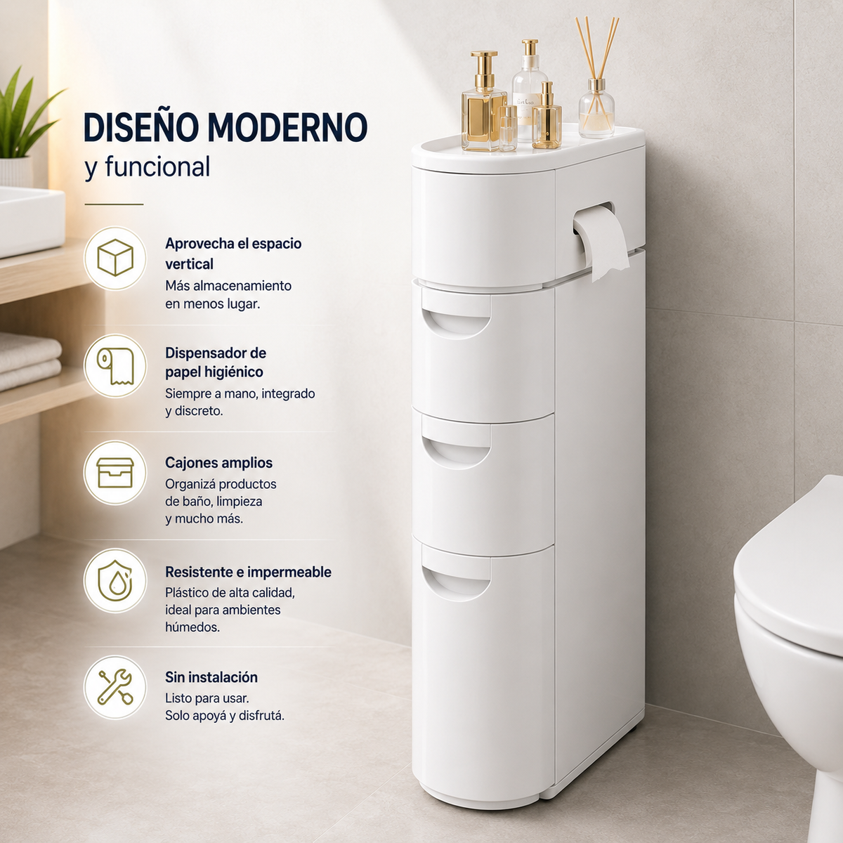 Mueble angosto para baño Delta Slim con dispensador de papel higiénico y cajones amplios al lado del inodoro