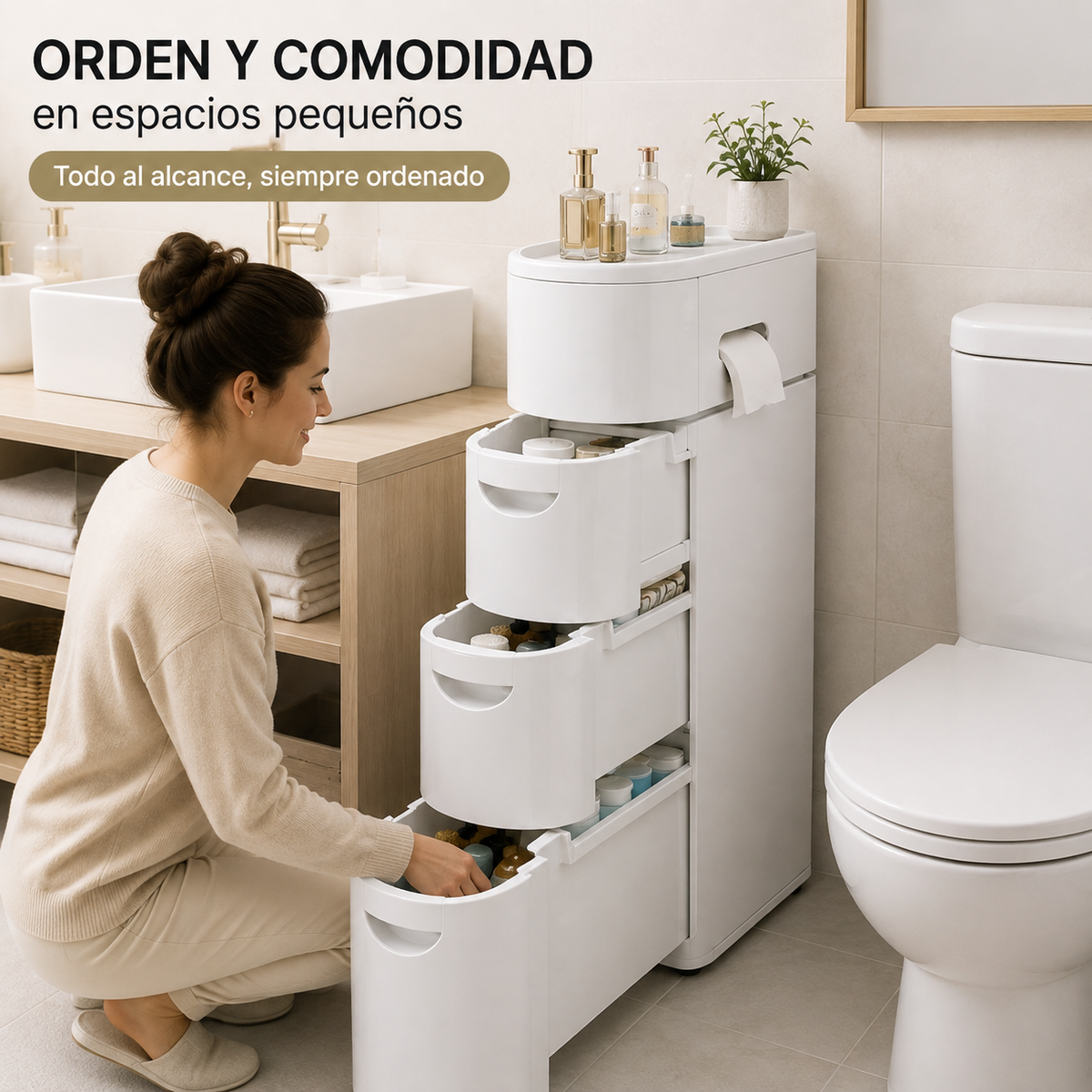 Mujer guardando productos en el cajón grande del organizador de baño Delta Slim